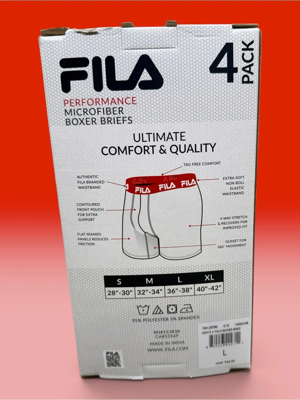 FILA Performance Microfiber Boxer Briefs (4 PACK) Wicking Lightweight Size LARGE